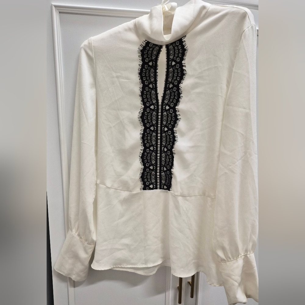 ZARA Elegant White Blouse with Black Lace Detail